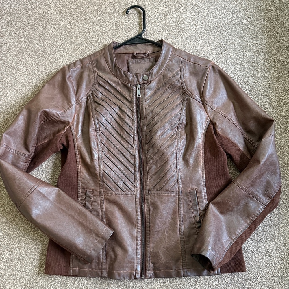 Maurices Vintage Vegan Faux Leather Knit Full Front Zip Jacket Moto Brown L - Picture 4 of 8